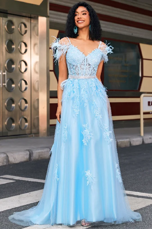 Fringed Party Dress for Bohemian Touch -Gorgeous A Line Off the Shoulder Light Blue Corset Prom Dress with Feather