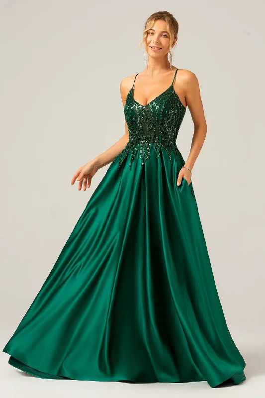 Black Party Dress for Formal Occasions -Sparkly Dark Green A-Line Spaghetti Straps Long Prom Dress with Pockets