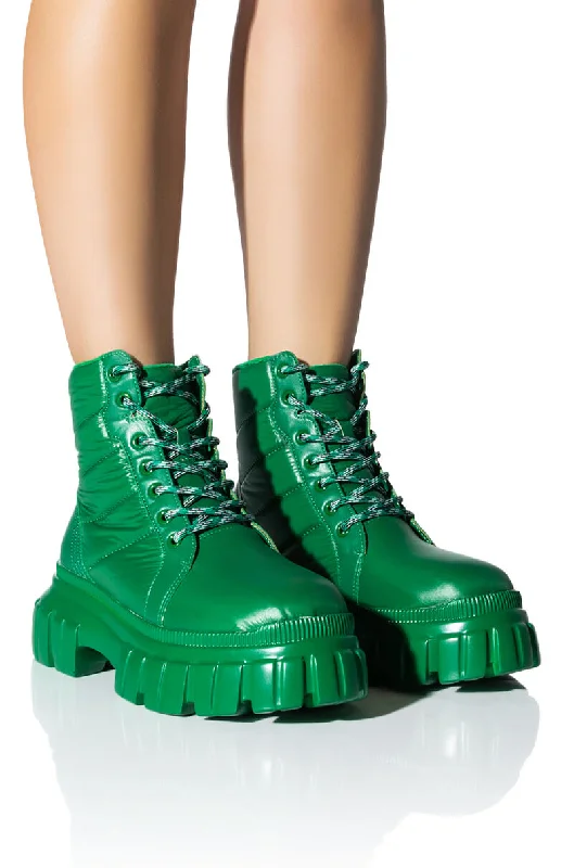 Denim Dress for Winter Layers -AZALEA WANG MERCEDES PUFFER FLATFORM BOOT IN GREEN