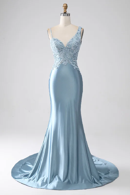 Party Dress for Business Party -Grey Blue Mermaid Spaghetti Straps Long Beaded Prom Dress With Appliques