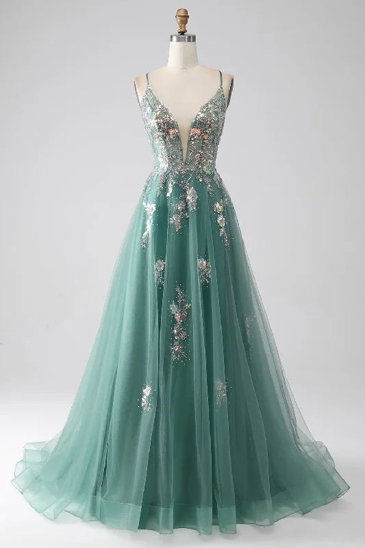 Party Dress for Garden Party -Green A-Line Spaghetti Straps Long Prom Dress With Sparkly Sequin Appliques