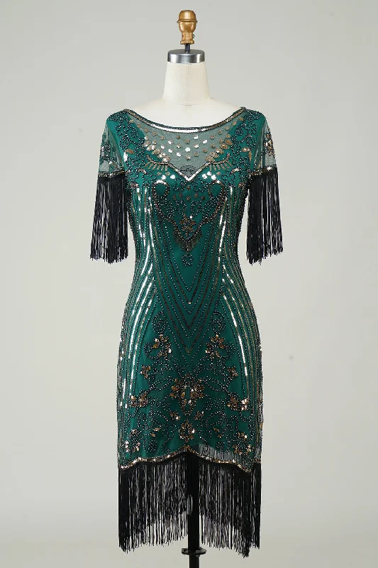 Sundress Dresses for Sunny -Dark Green Sequins 1920s Flapper Dress with Fringes