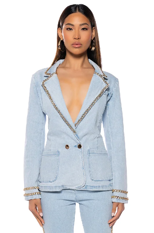 Mini Denim Dress for Youthful Look -ME MYSELF AND I CHAIN DETAIL DENIM BLAZER