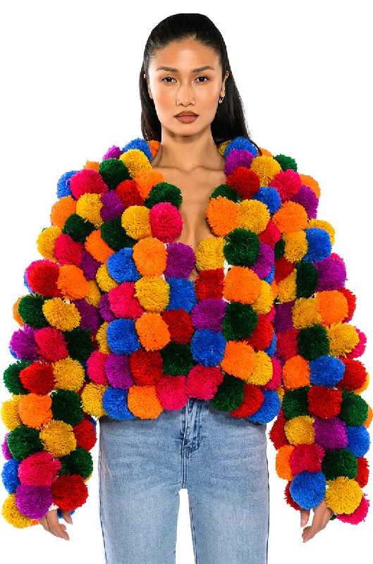 Denim Dress for Garden Parties -POM POM COLORFUL CARDIGAN