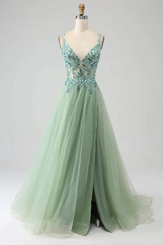 Party Dress for Nightclub Party -Gorgeous A Line V Neck Light Green Long Prom Dress with Appliques