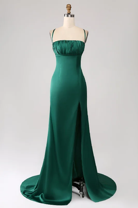 Mermaid Party Dress for Glamorous Fit -Dark Green Mermaid Spaghetti Straps Satin Prom Dress with Pleated