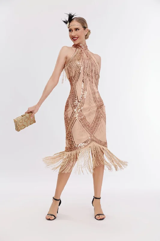 Low-waisted Dresses for Relaxed -Glitter Halter Fringes Gatsby Dress with Sleeveless