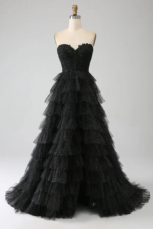 Printed Bodice Party Dress with Pattern -Glitter Sweetheart Black Corset Prom Dress with Slit