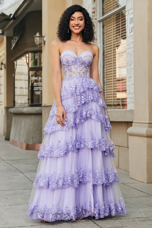 Gold Party Dress for Glamorous Look -Princess A Line Sweetheart Lavender Corset Prom Dress with Tiered Lace