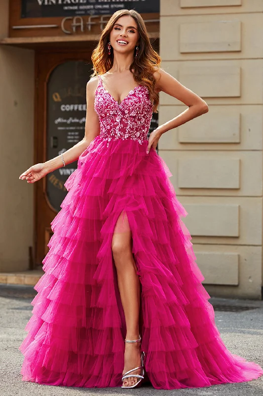 Party Dress for Valentine's Day -Gorgeous A Line Spaghetti Straps Fuchsia Long Prom Dress with Appliques Ruffles