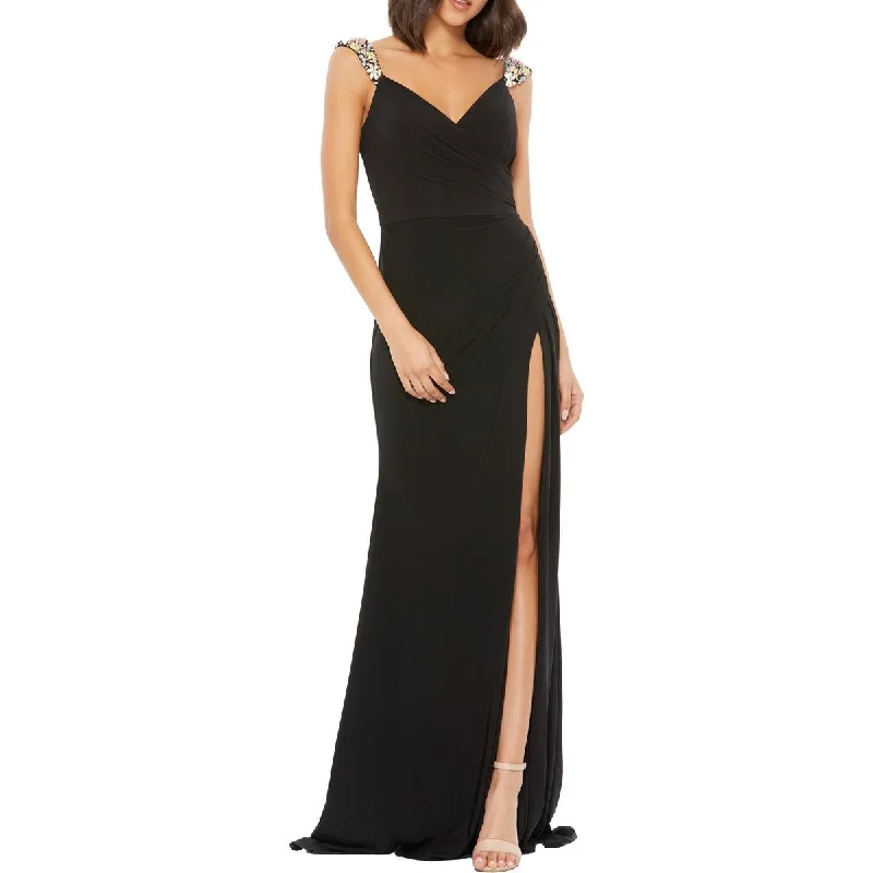 Long-sleeved Dresses for Coverage -Mac Duggal Womens Embellished Maxi Evening Dress