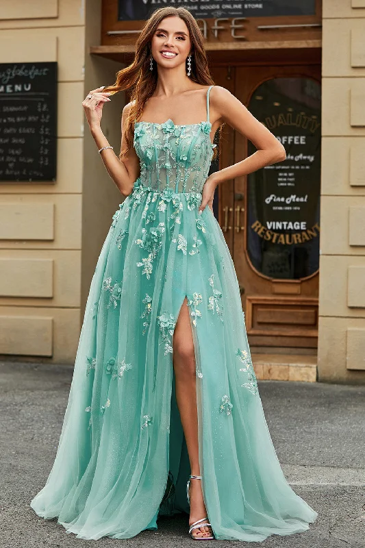 Party Dress for Wedding Reception -A-Line Green Tulle Corset Prom Dress with Appliques