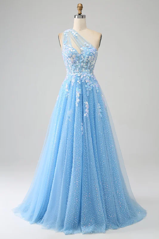 Party Dress for Fashion Party -Stunning A Line One Shoulder Light Blue Long Tulle Prom Dress with Appliques