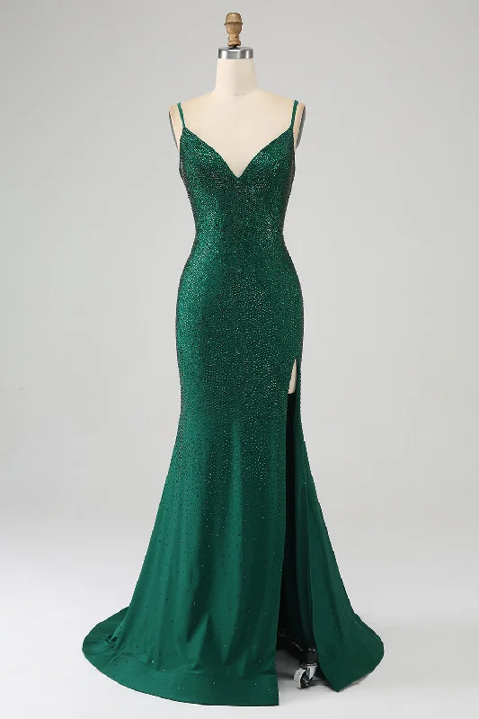 Party Dress for Engagement Party -Sparkly Dark Green Beaded Long Mermaid Prom Dress with Slit