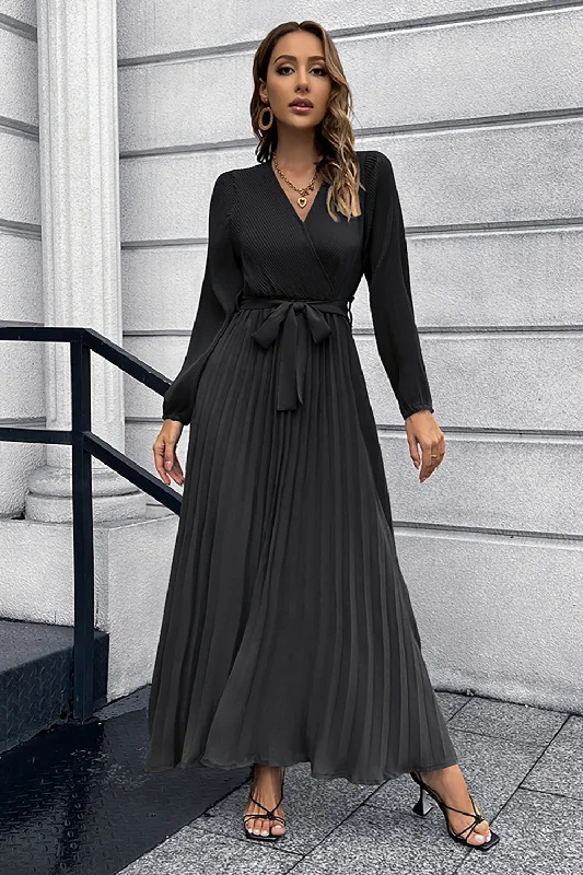 Midi Dresses for Versatile Wear -Long Sleeves Black Casual Dress with Sash