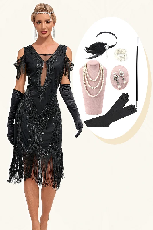 Wool Dresses for Warmth -Glitter Black Cold Shoulder Sequins Fringes 1920s Gatsby Dress with Accessories Set