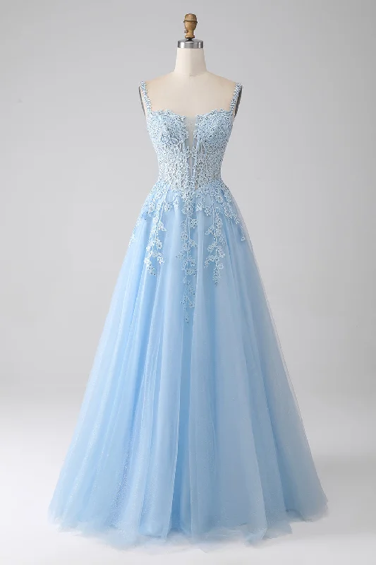 Green Party Dress for Fresh Appeal -A-Line Light Blue Corset Prom Dress with Appliques