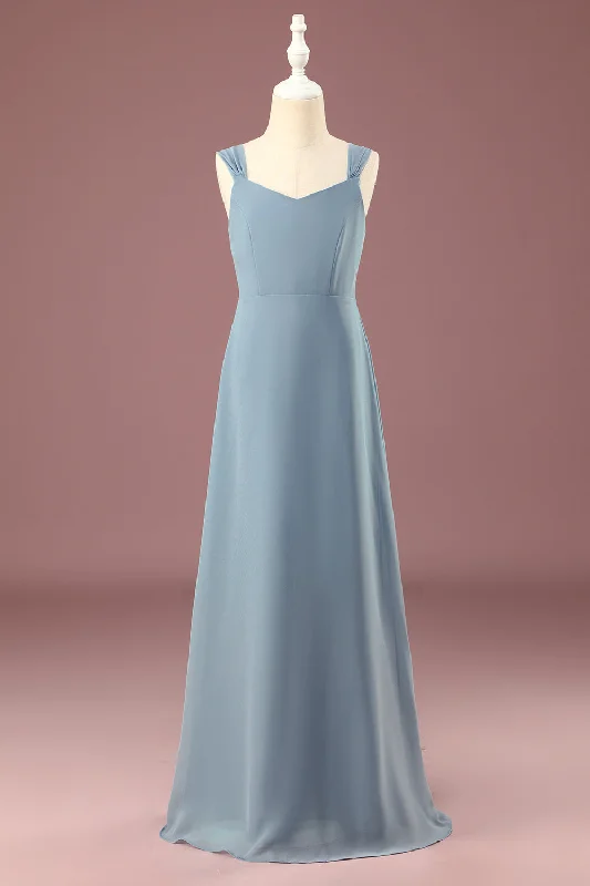 Work Dresses for Professional -Dusty Blue Chiffon A-line V-neck Junior Bridesmaid Dress