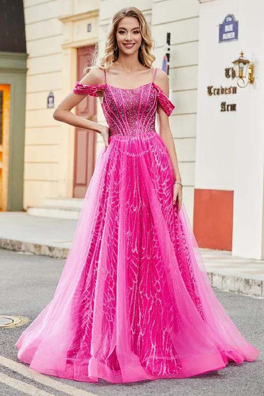 Party Dress for New Year's Eve -A-Line Cold Shoudler Sparkly Hot Pink Corset Prom Dress with Beading