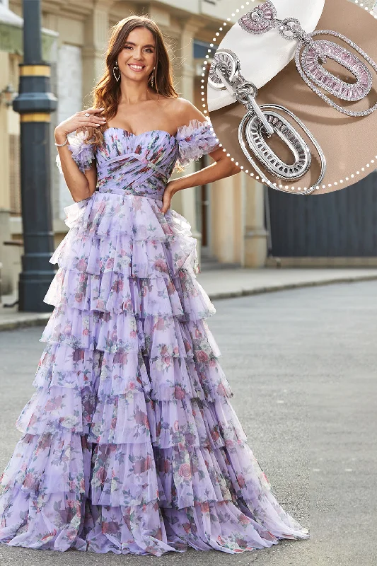 Party Dress for Casual Party -Removable Sleeves Purple Print Tiered Prom Dress with Accessory