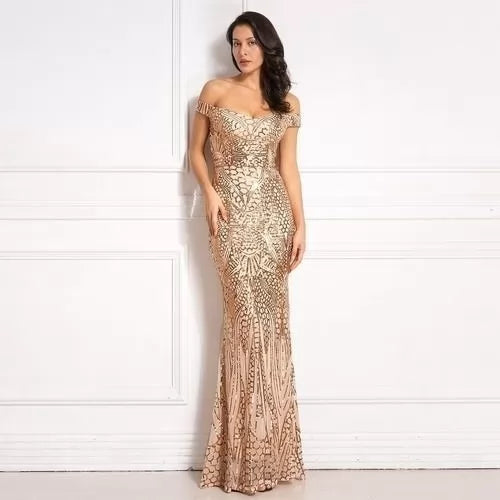 Satin Bodice Party Dress for Smooth -Gold Sequin Off Shoulder Slash Neck Tight Package Hips Bodycon Party Dress