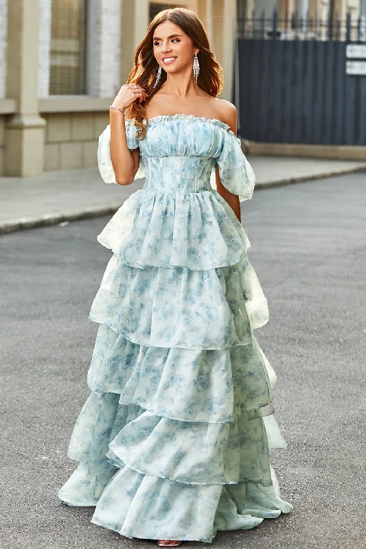 Belted Party Dress for Defined Waist -A Line Square Neck Light Blue Tiered Floral Long Prom Dress with Ruffles