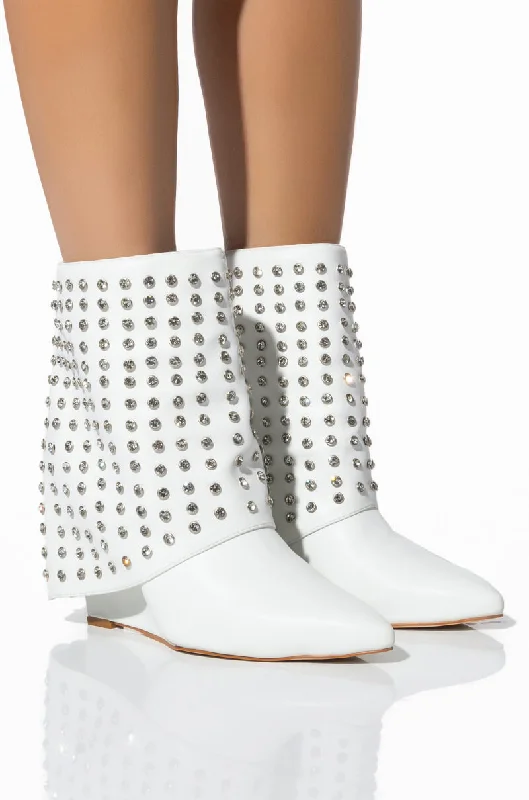 Denim Dress for School Days -AZALEA WANG MARINA STUDDED FOLD OER BOOTIE IN WHITE