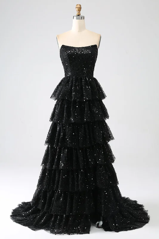 Sequined Bodice Party Dress for Sparkle -A-Line Sequins Black Tiered Prom Dress with Slit