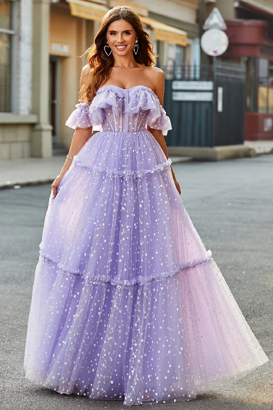 Ball Gown Party Dress for Grand Look -Off The Shoulder Lilac Corset A-Line Long Prom Dress