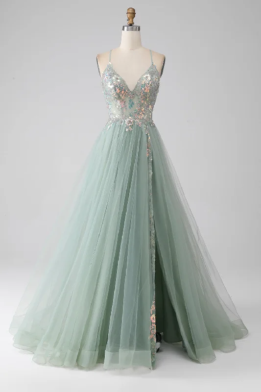 Off Shoulder Party Dress for Sexy Look -A-Line Beaded Light Green Prom Dress with Slit