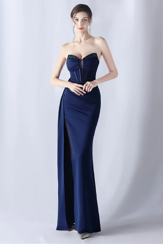 White Party Dress for Elegant Style -Navy Mermaid Strapless Long Corset Prom Dress with Slit