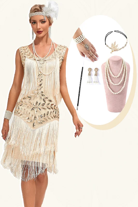 Khaki Dresses for Casual -Glitter Champagne Sequins Fringed 1920s Gatsby Dress with Accessories Set