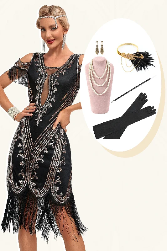 Polyester Dresses for Durable -Glitter Black Sequins Fringes 1920s Gatsby Dress with Accessories Set