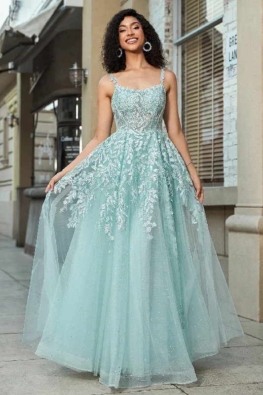 Maxi Party Dress for Elegant Appeal -Gorgeous A Line Spaghetti Straps Mint Corset Prom Dress with Appliques