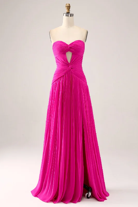 Striped Bodice Party Dress for Fashion -Fuchsia A Line Sweetheart Pleated Keyhole Long Prom Dress With Slit