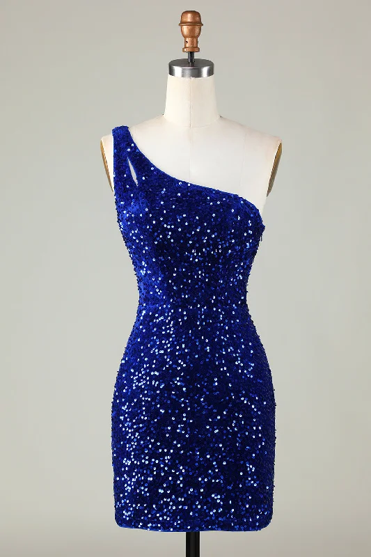 Elastic Dresses for Fit -Sequins One Shoulder Royal Blue Tight Beading Short Homecoming Dress