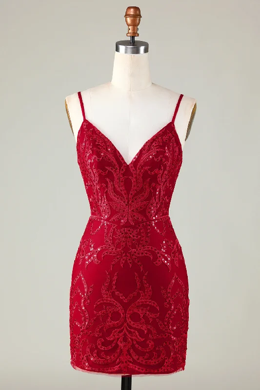 Cotton Dresses for Comfort -Sparkly Dark Red Sequins Spaghetti Straps Tight Short Homecoming Dress