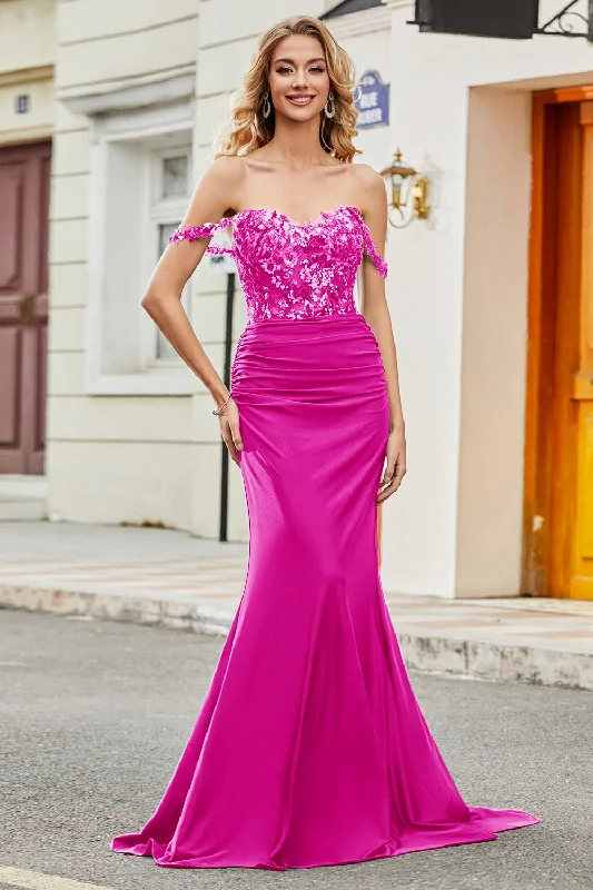 Party Dress for Modern Party -Fuchsia Mermaid Off The Shoulder Long Prom Dress with Sequins