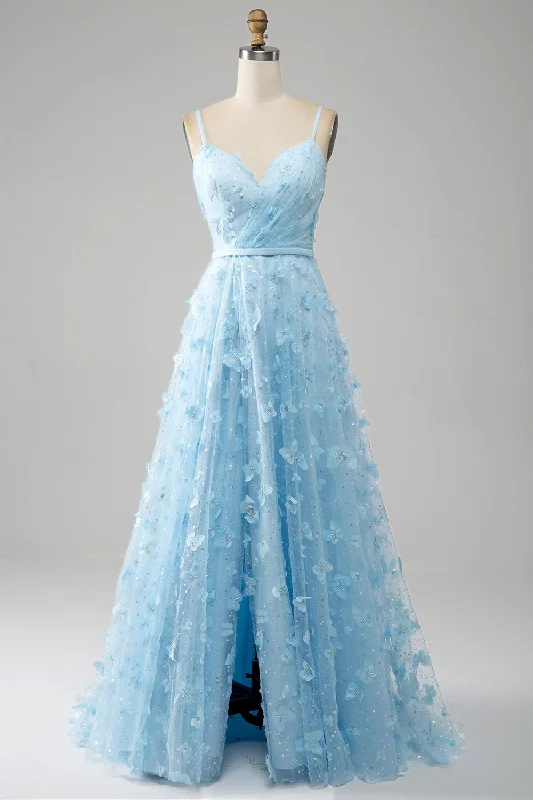 V Neck Party Dress for Flattering Look -Sky Blue A Line Spaghetti Straps Sparkly Beaded Prom Dress with 3D Butterflies