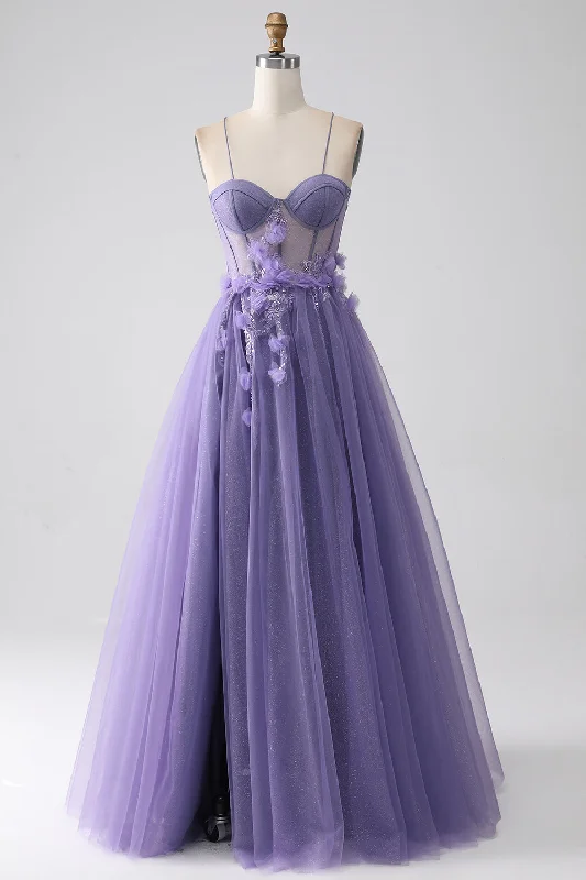 Long Sleeve Party Dress for Coverage -Purple A-Line Spaghetti Straps Corset Prom Dress with 3D Flowers