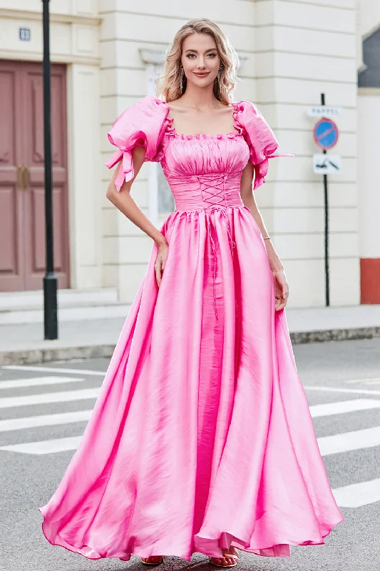 Party Dress for Garden Party -Princess A Line Square Neck Hot Pink Long Prom Dress with Puff Sleeves