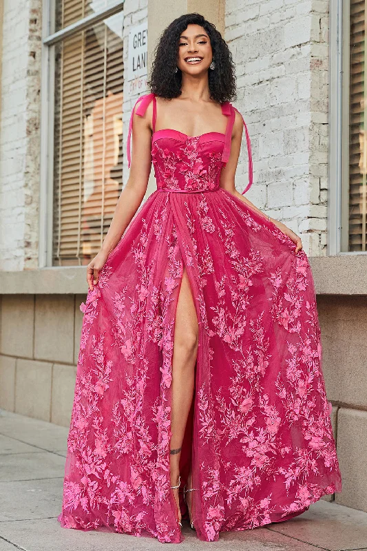 Straight Party Dress for Simple Style -Spaghetti Straps Hot Pink A-Line Long Prom Dress with Slit