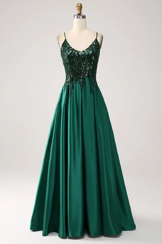 Lace Bodice Party Dress for Delicate -Dark Green A-Line Spaghetti Straps Long Wedding Party Dress