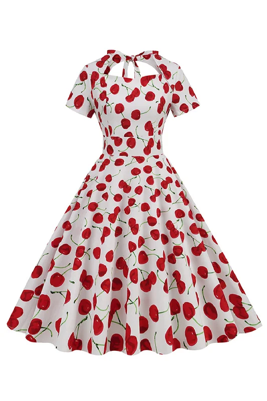 Punk Dresses with Spikes -White Cherries Print Halter Vintage Dress With Short Sleeves