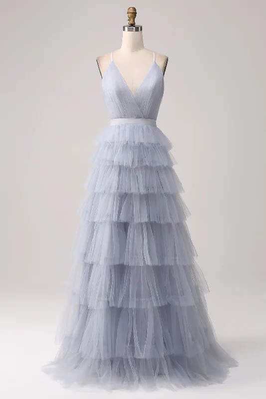 Velvet Bodice Party Dress for Rich -Grey Blue A Line Tiered Tulle Backless Long Prom Dress