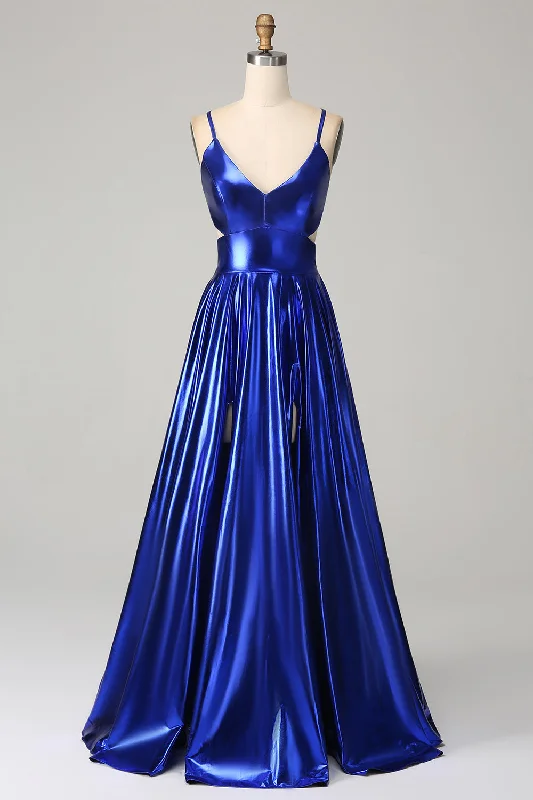 Party Dress for Wedding Reception -Royal Blue A-Line Spaghetti Straps Prom Dress with Slit