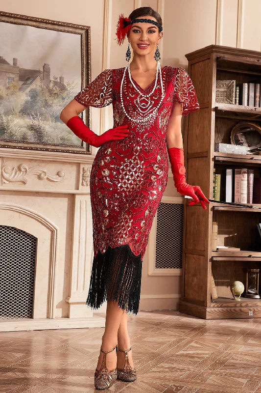 Studded Dresses for Statement -Red V Neck Fringe 1920s Gatsby Dress With Sequins