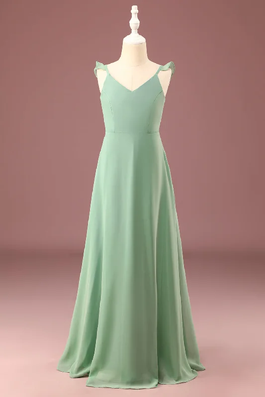 Rhinestone Dresses for Bling -A-line Long Chiffon Matcha V-neck Spaghetti Straps Junior Bridesmaid Dress