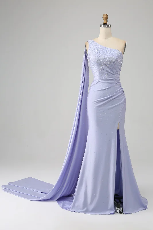 Short Sleeve Party Dress for Casual -Mermaid Lilac One Shoulder Long Prom Dress with Slit