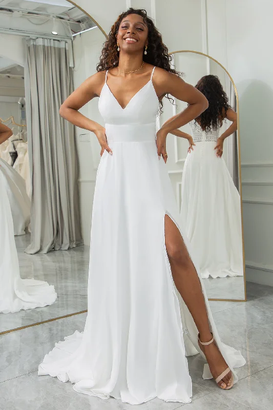 Low-waisted Dresses for Relaxed -Ivory A-Line Chiffon Sweep Train Wedding Dress with Lace